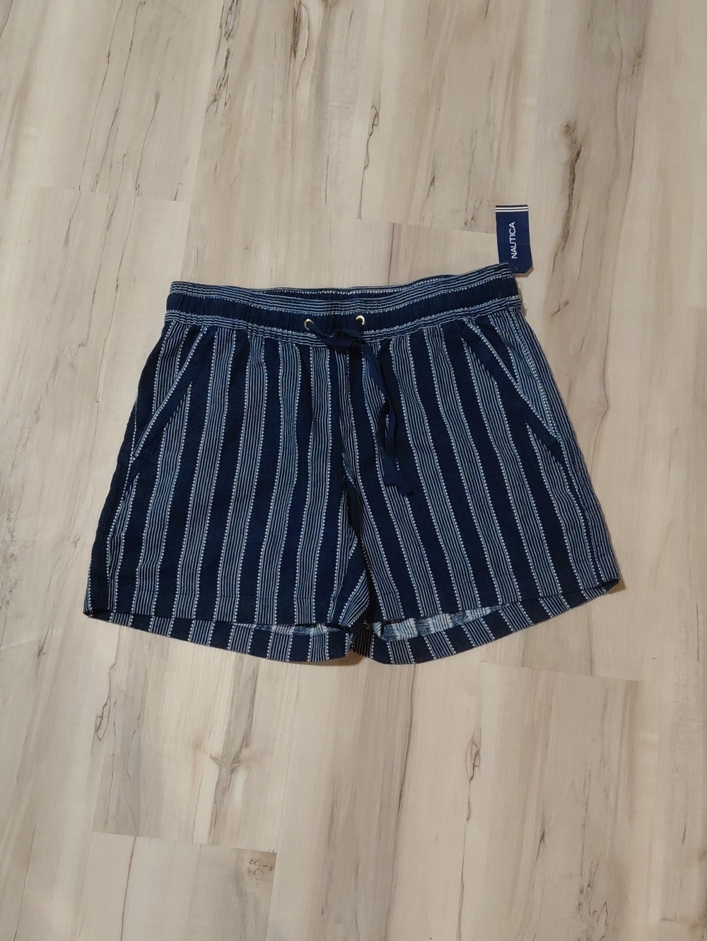 Nautica Navy and White Vertical Stripe Drawstring Shorts